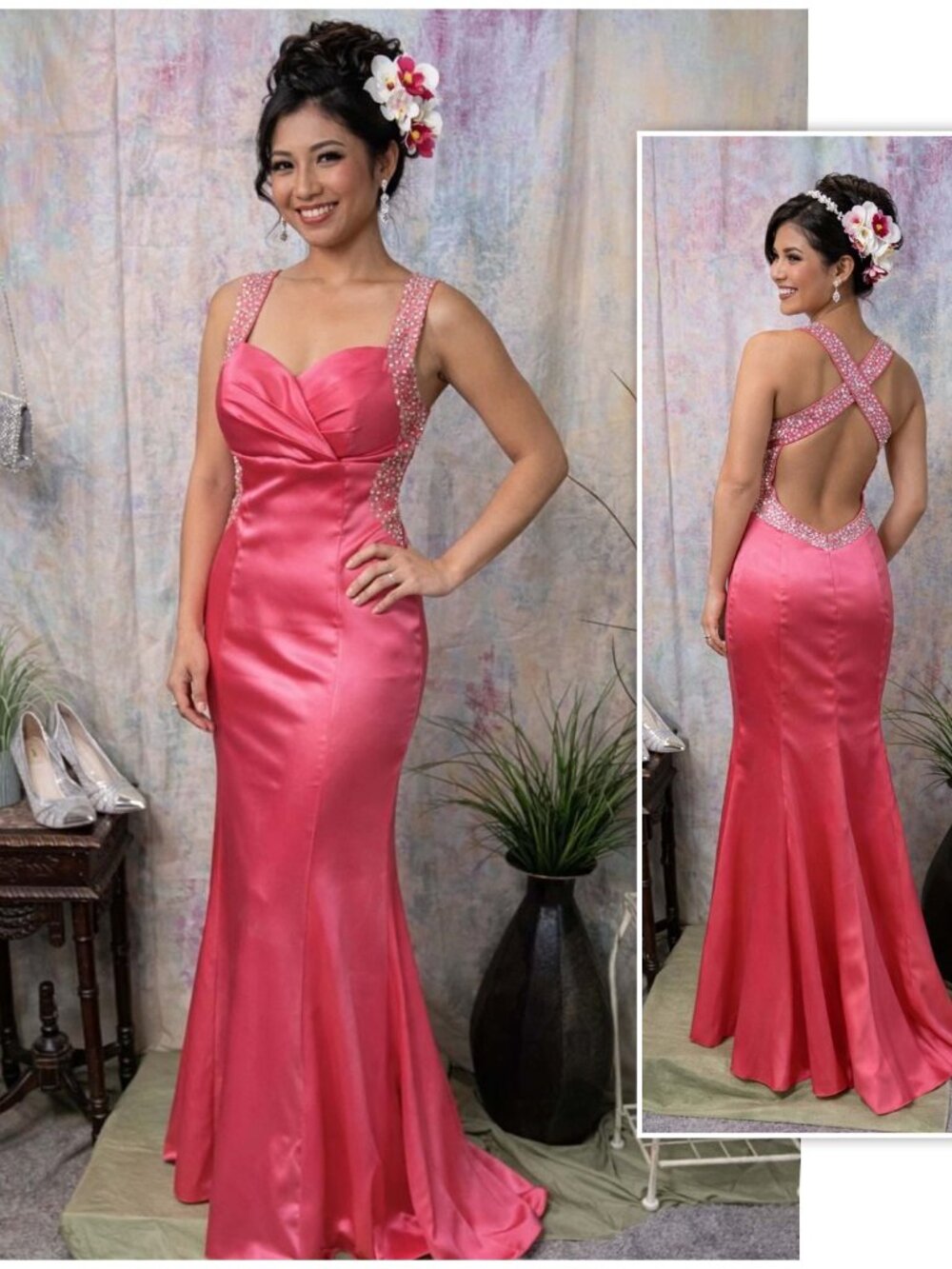 📌Glam Fuchsia Satin Rhinestone Straps Open Back Formal - Prom Mermaid Gown